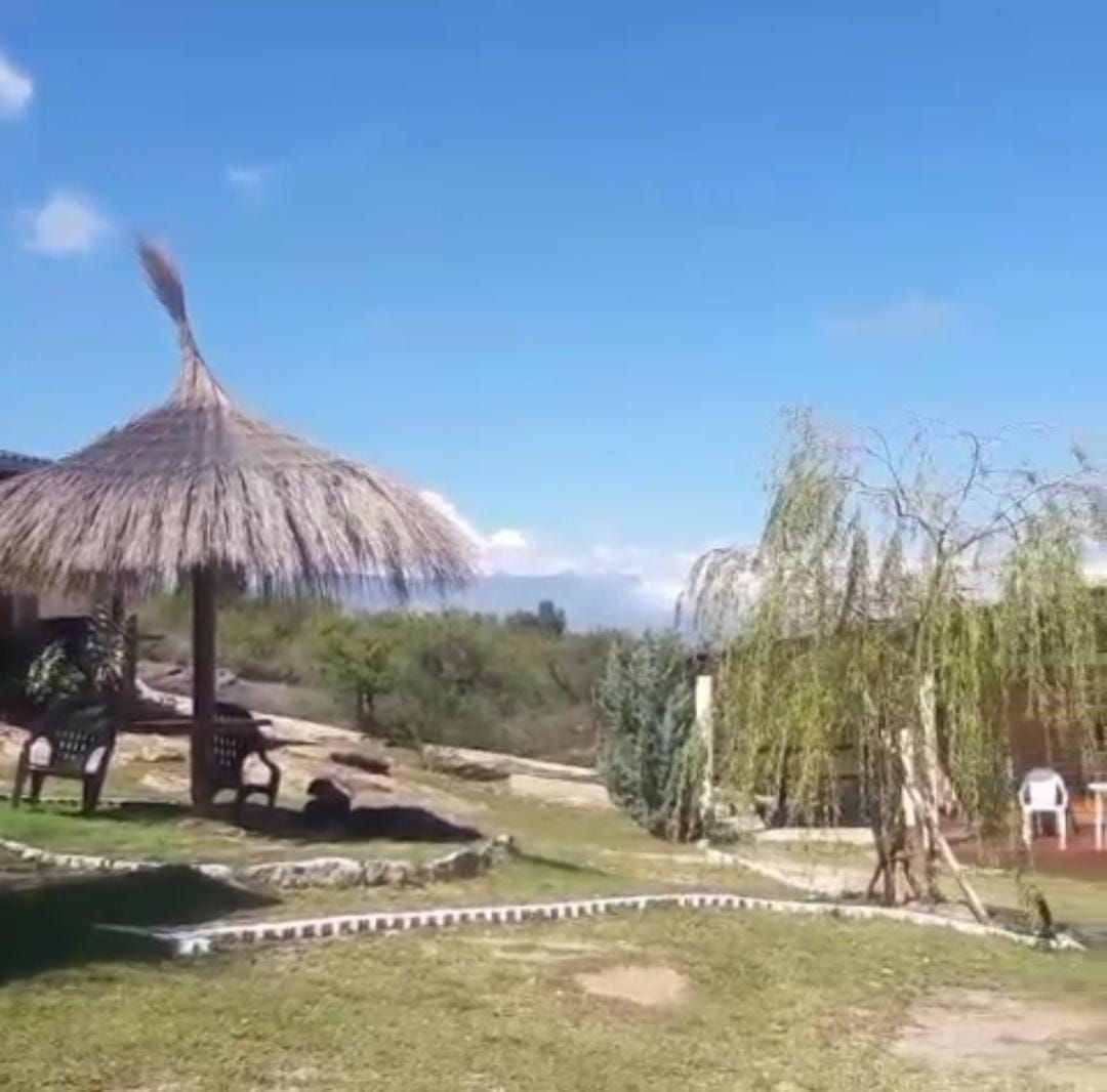 Jardín con sombrilla de paja
