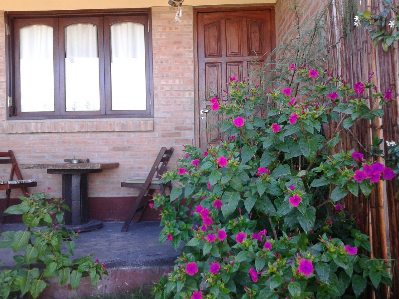 Puerta de una cabaña entre flores